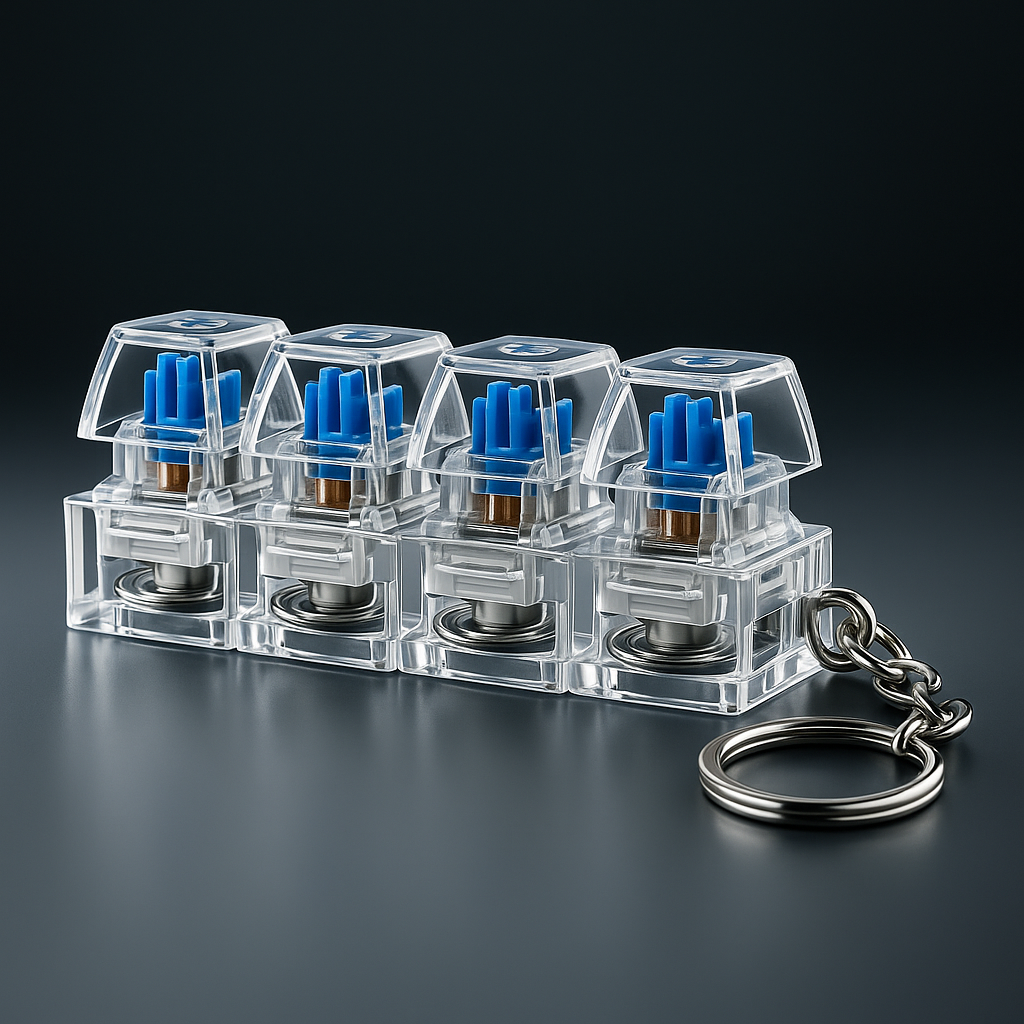 Clear plastic case with blue mechanical keyboard switches and a keychain on a dark background