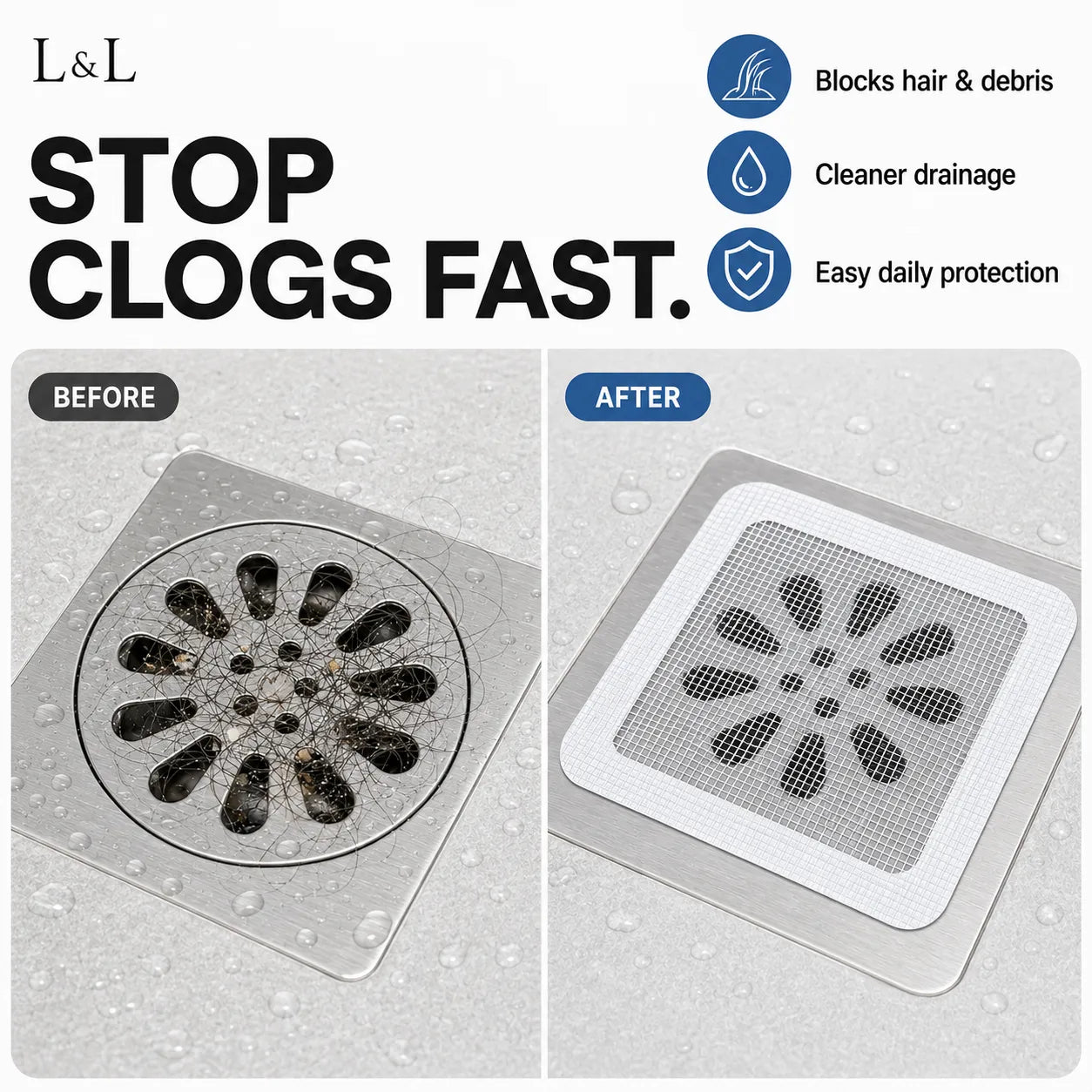 L&L stop clogs fast drain cover shown in a before-and-after comparison on a light gray tiled floor. The left side shows a clogged drain with dark debris, and the right side shows the clean, open drain with the square mesh cover installed.