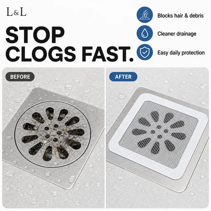 L&L stop clogs fast drain cover shown in a before-and-after comparison on a light gray tiled floor. The left side shows a clogged drain with dark debris, and the right side shows the clean, open drain with the square mesh cover installed.