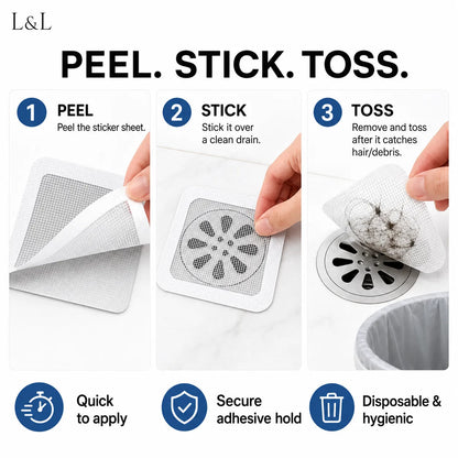 Instructional graphic for L&L peel-and-stick drain traps showing three steps: peel the sticker sheet, stick it over a drain, and toss it after use. Includes icons for quick application, secure adhesive hold, and disposable hygienic design.