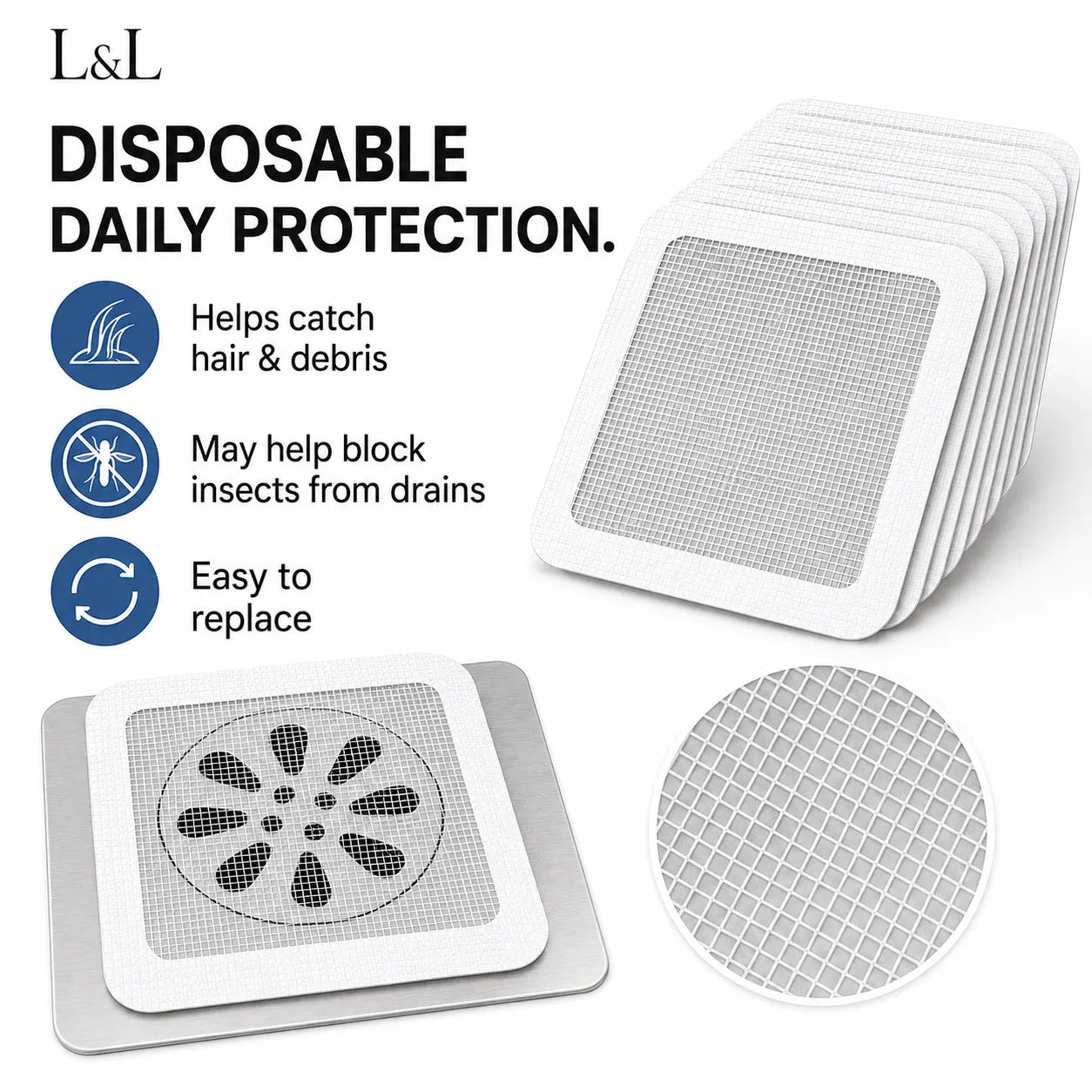L&L disposable daily protection drain patches shown on a white background with product features listed in text and icons. The image includes a stack of square white patches, one patch with a black drain opening, a circular close-up of the mesh, and marketing text about catching hair and debris and blocking insects from drains.