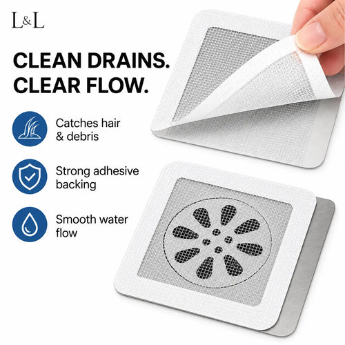 Two square drain filter patches shown on a white background with marketing text and icons. A hand peels back one patch to show the adhesive backing.