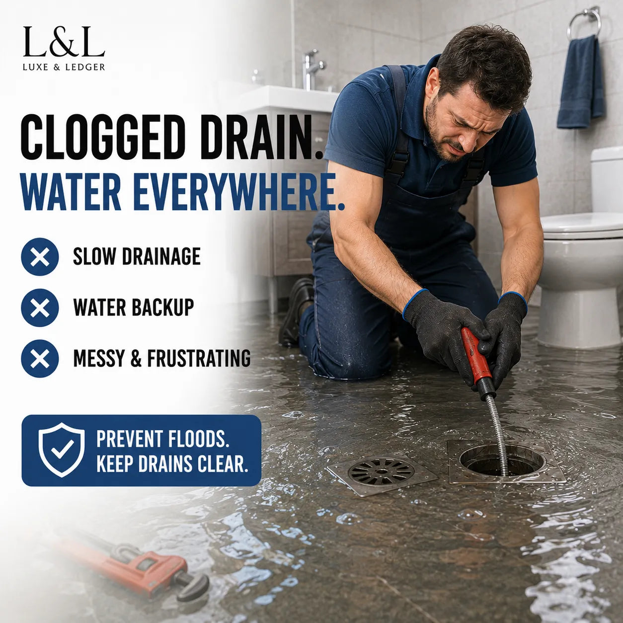 A plumber kneels on a flooded bathroom floor using a drain cleaning tool, with text overlays advertising a clogged drain solution. The scene includes a toilet, tiled walls, and water pooling on the floor.
