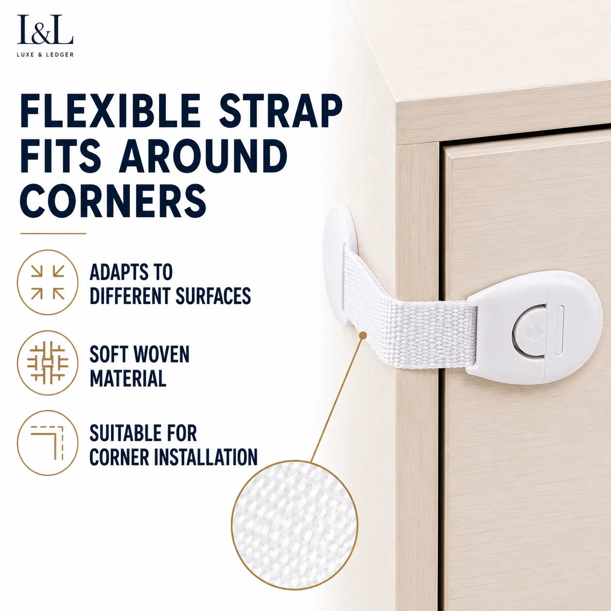 White flexible corner door strap by I&L Love & Leader shown attached to a light wood door, with text callouts about adapting to different surfaces, soft woven material, and suitability for corner installation.