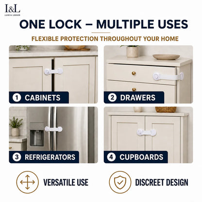 Promotional graphic for a lockable cabinet/drawer safety strap by I&L Home & Living, showing four labeled usage examples: cabinets, drawers, a refrigerator, and cupboards. Text reads 'ONE LOCK – MULTIPLE USES' and 'FLEXIBLE PROTECTION THROUGHOUT YOUR HOME,' with additional callouts 'VERSATILE USE' and 'DISCREET DESIGN.
