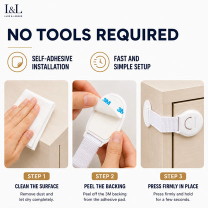 Instructional graphic showing how to install a white self-adhesive baby safety gate strap. The top text reads 'NO TOOLS REQUIRED' with icons for 'SELF-ADHESIVE INSTALLATION' and 'FAST AND SIMPLE SETUP.