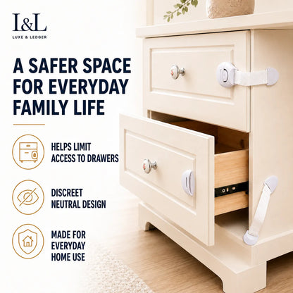 White drawer pull guards and white safety drawer latch straps shown installed on a cream-colored wooden nightstand. The image includes marketing text and icons on the left side explaining the benefits of the safety accessories.
