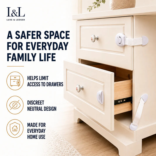 White drawer pull guards and white safety drawer latch straps shown installed on a cream-colored wooden nightstand. The image includes marketing text and icons on the left side explaining the benefits of the safety accessories.