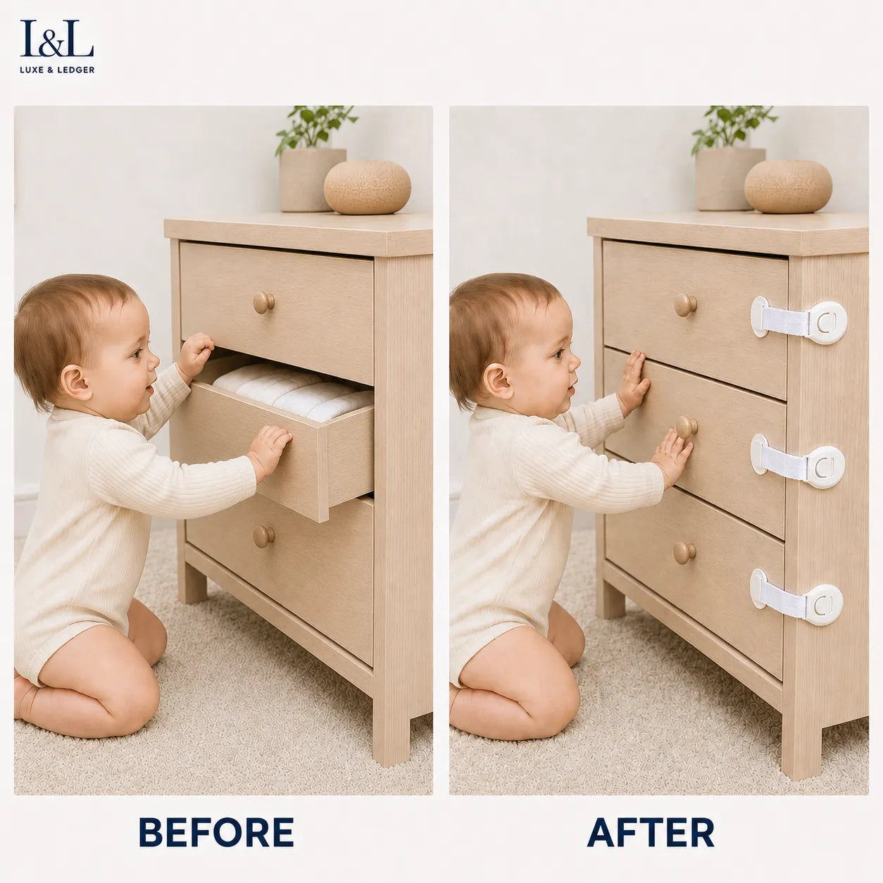 A side-by-side before/after comparison shows a baby interacting with a light wood dresser. On the left, the baby reaches for an open drawer.