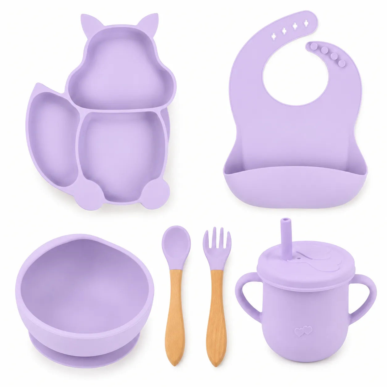 A baby feeding set in light purple silicone with natural wood utensils, including an owl-shaped divided plate, a bib, a bowl, a sippy cup with straw, a spoon, and a fork, arranged on a white background.