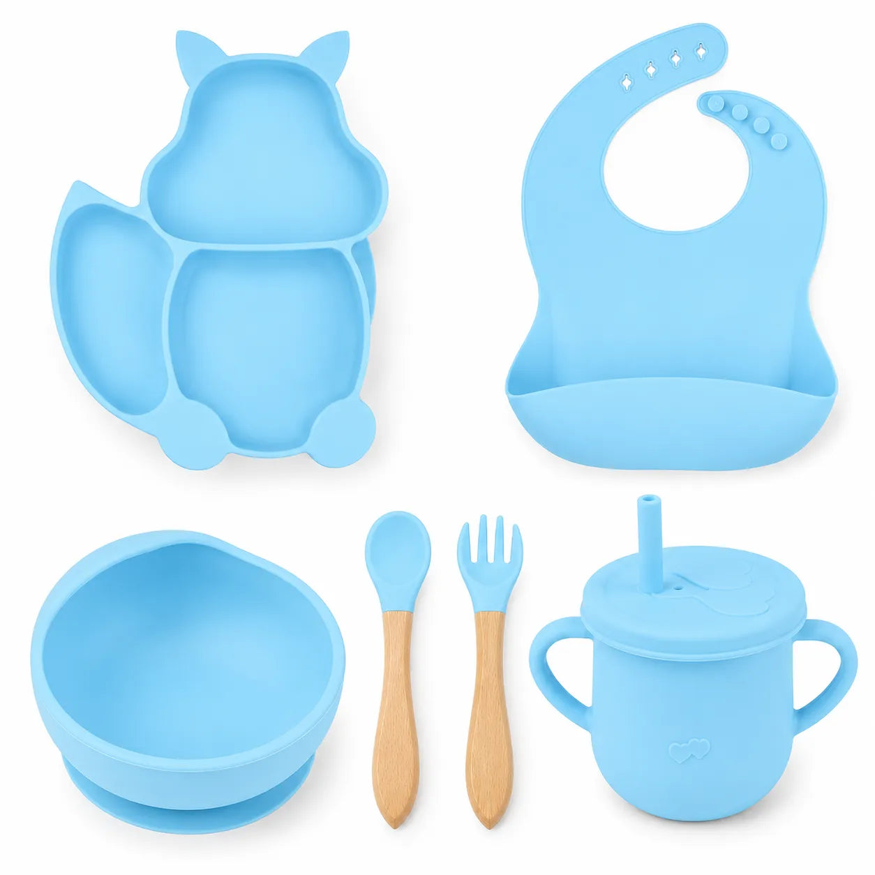 A light blue silicone baby feeding set on a white background, including a cat-shaped divided plate, a bib, a bowl, a sippy cup with lid and straw, a spoon, and a fork with wooden handles.