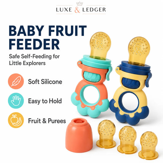 Luxe & Ledger baby fruit feeder set with two colorful silicone teether bottles, one coral and one blue, each with a yellow translucent teat, plus four yellow teats and a coral cap, on a white background with product features listed on the left.