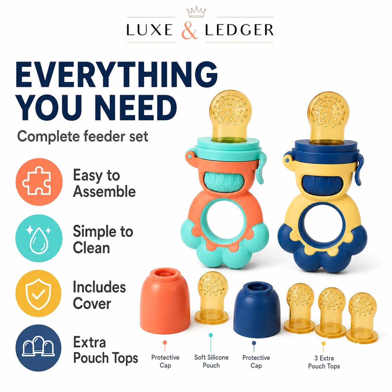 Luxe & Ledger baby feeder set with two colorful silicone teether bottles, protective caps, and extra pouch tops on a white background with feature icons.