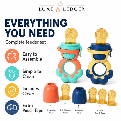 Luxe & Ledger baby feeder set with two colorful silicone teether bottles, protective caps, and extra pouch tops on a white background with feature icons.