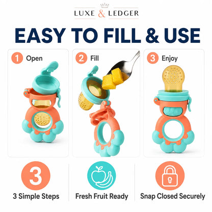 Instructional graphic for a Luxe & Ledger baby teething bottle feeder, showing three steps: open, fill with fruit, and enjoy, with icons and text on a white background.