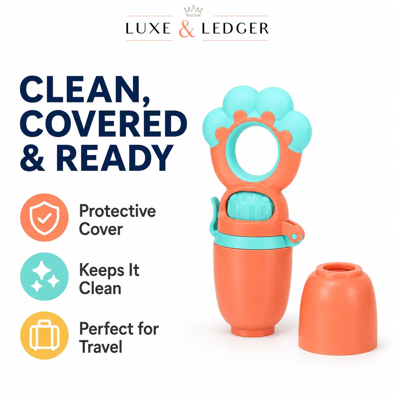 LUXE & LEDGER baby bottle accessory featuring an orange and teal teething ring with a built-in mirror, shown with its matching orange protective cap on a white background with promotional text.