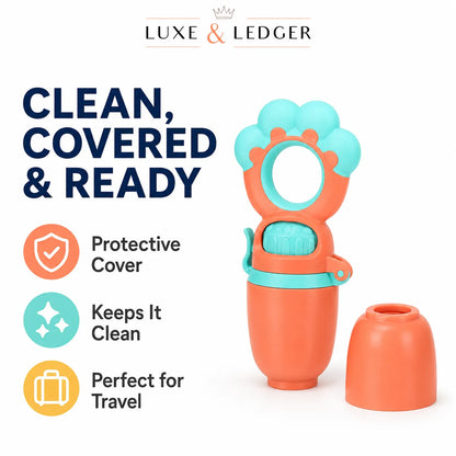 LUXE & LEDGER baby bottle accessory featuring an orange and teal teething ring with a built-in mirror, shown with its matching orange protective cap on a white background with promotional text.