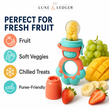 Luxe & Ledger baby teether bottle with a fruit pouch and ring handle, shown with fresh fruit including strawberries, grapes, mango, and banana on a white background with feature icons and text.