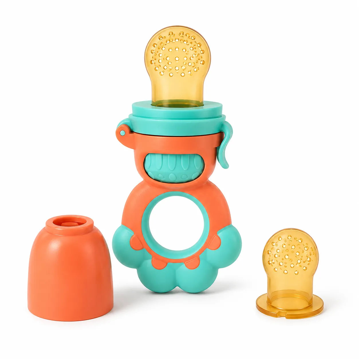 A baby teething fruit feeder toy with a bright orange body, teal accents, and a translucent amber-yellow silicone pouch, shown with its removable cap and detached pouch on a white background.