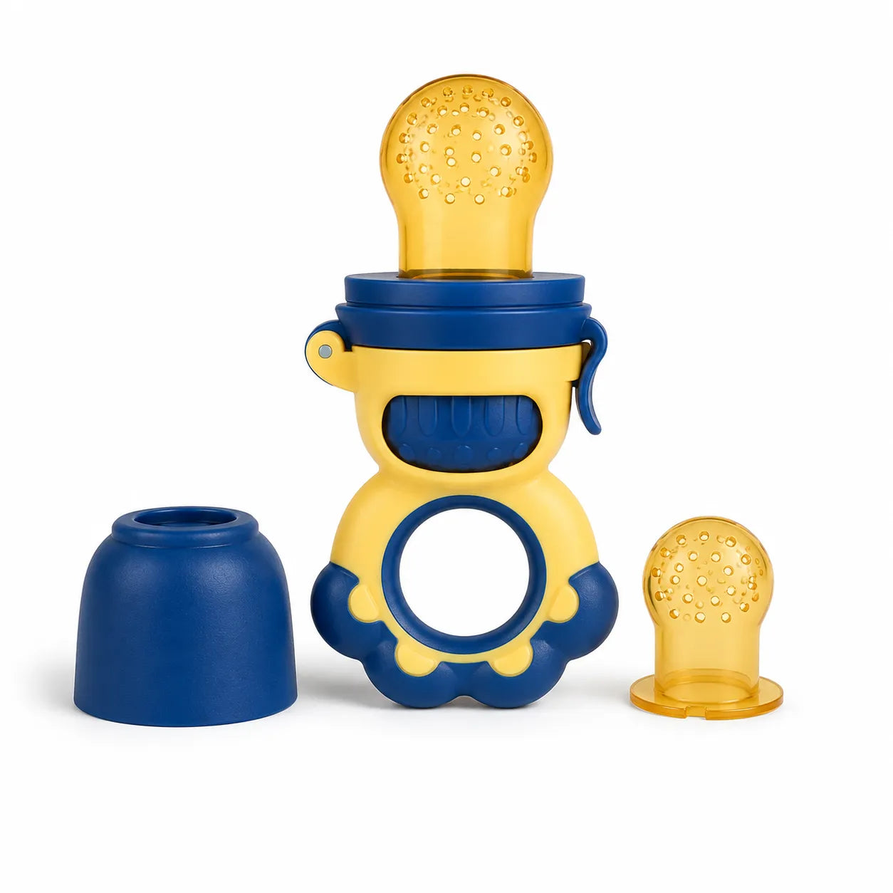 A baby teething ring with a fruit pouch attachment in yellow and blue, shown with its blue cap removed and a separate yellow silicone insert on a white background.