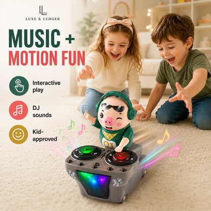 A child-friendly dancing pig toy with a DJ speaker base, shown with two children playing in a cozy living room. The product features a pig character wearing green headphones on a gray speaker base with colorful LED lights and motion effects.