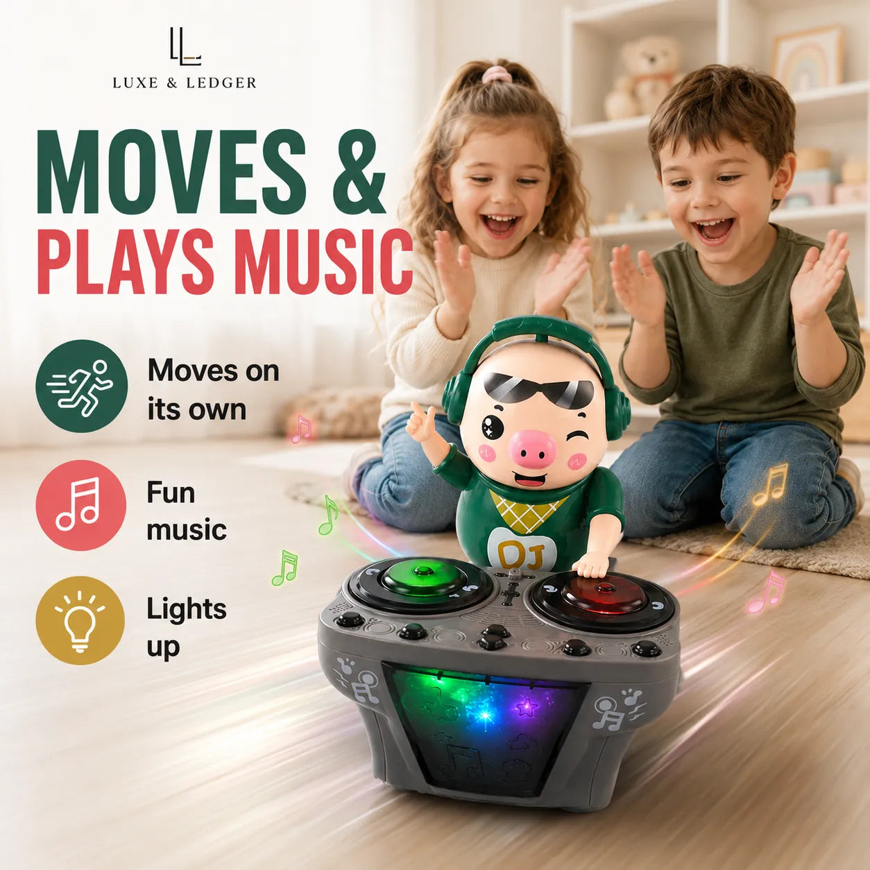 A children's toy robot pig with headphones and two spinning dance pads is shown in a bright indoor room with two kids sitting behind it, clapping and smiling. Large text on the left reads 'MOVES & PLAYS MUSIC' with feature icons, and the brand name LUXE & LEDGER appears at the top left.