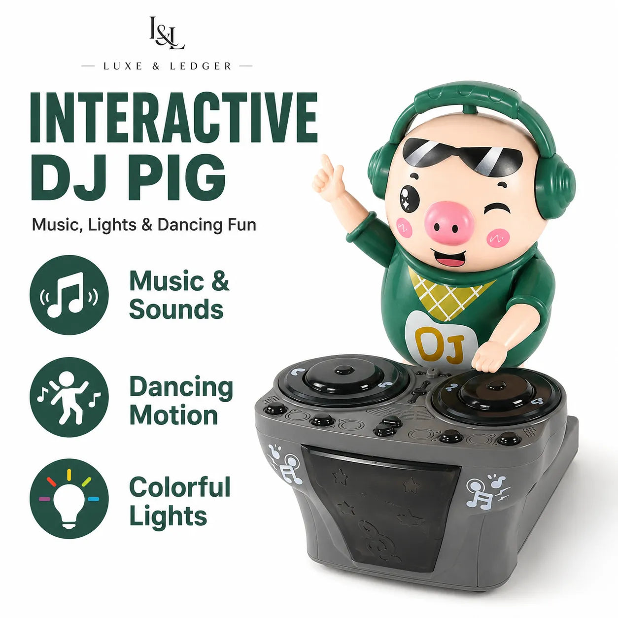 Luxe & Ledger Interactive DJ Pig toy featuring a cartoon pig character wearing green headphones and a green shirt, interacting with a gray DJ turntable. The image includes promotional text highlighting music, sounds, dancing motion, and colorful lights.