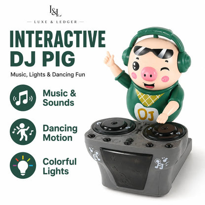 Luxe & Ledger Interactive DJ Pig toy featuring a cartoon pig character wearing green headphones and a green shirt, interacting with a gray DJ turntable. The image includes promotional text highlighting music, sounds, dancing motion, and colorful lights.