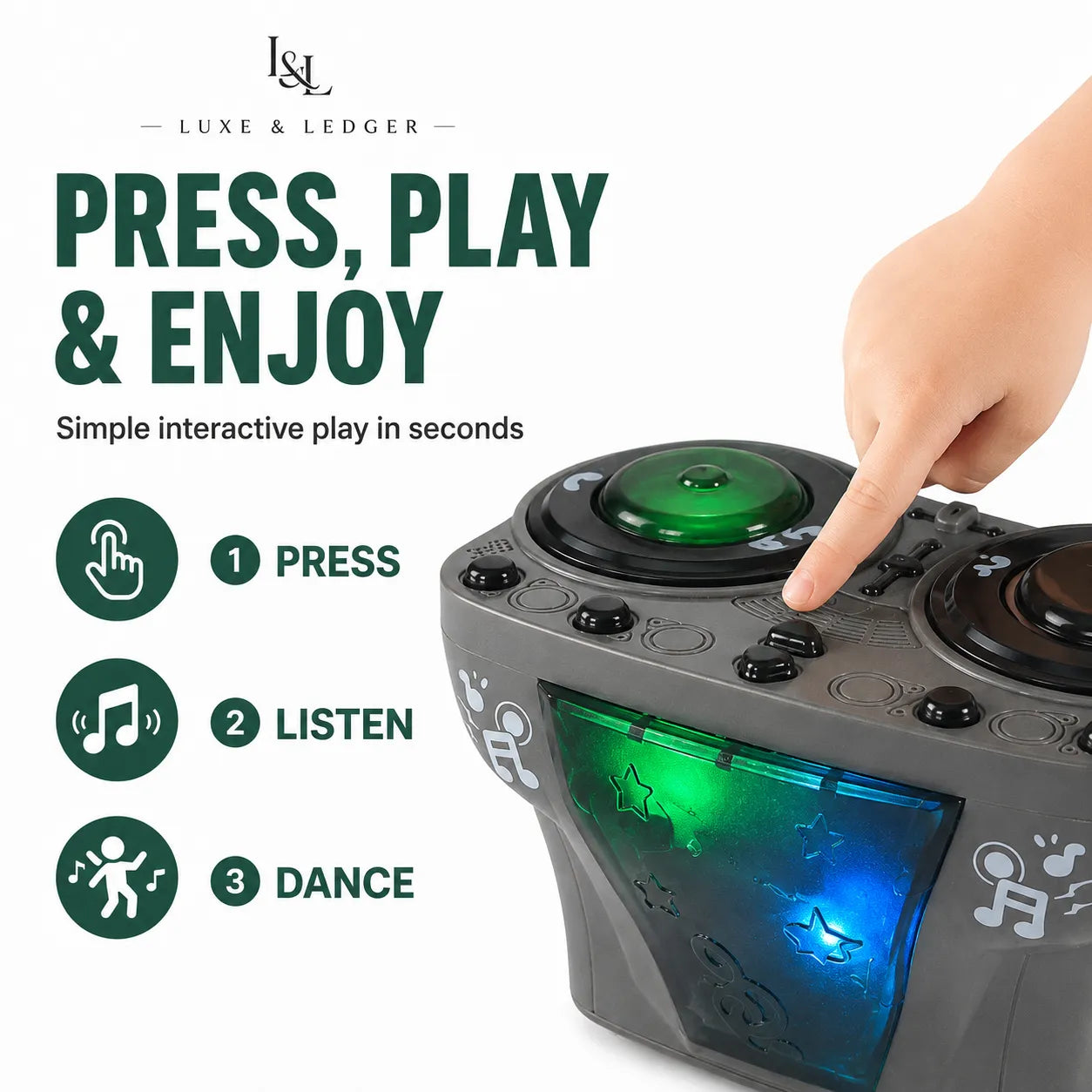 A child's interactive toy speaker with a gray body, featuring glowing green and blue LED windows, black controls, and a finger pressing one of the buttons. The left side of the image contains marketing text and icons explaining the product's simple interactive play.