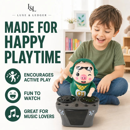 A young boy in a green t-shirt and blue jeans sits on the floor in a bright room, smiling next to a Lucky & Ledger pig-shaped electronic dance toy on a dark base. The left side of the image features promotional text and icons highlighting the product's benefits.