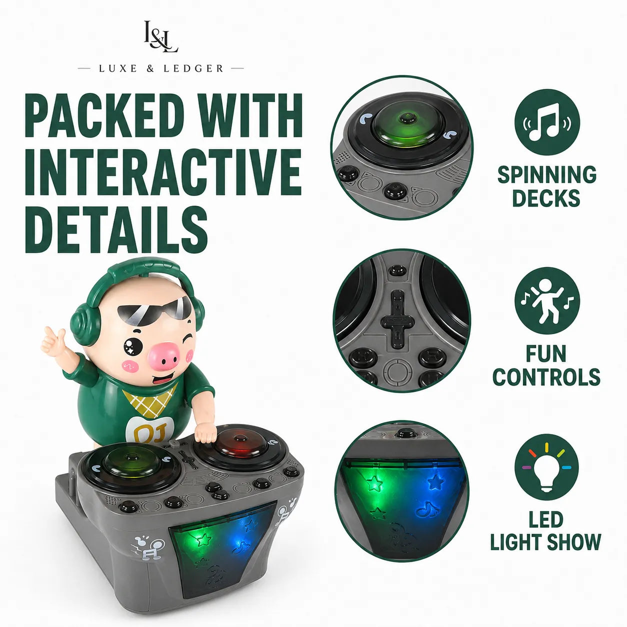 A toy DJ controller with a pig character figure, shown on a white background with marketing text and circular feature callouts for spinning decks, fun controls, and LED light show. Brand text 'Luxe & Ledger' is visible at the top.