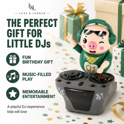 A promotional product image for a small DJ-themed toy figure wearing green headphones and a green outfit, standing on top of a gray DJ mixer. The scene includes gift boxes, confetti, and marketing text reading 'THE PERFECT GIFT FOR LITTLE DJ'S' and feature callouts like 'FUN BIRTHDAY GIFT,' 'MUSIC-FILLED PLAY,' and 'MEMORABLE ENTERTAINMENT.