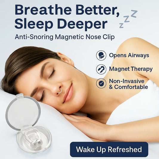 Anti-snoring magnetic nose clip shown on a sleeping woman with promotional text and icons on a light blue background.