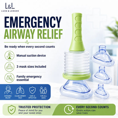 Luxe & Ledger Emergency Airway Relief manual suction device with three clear mask sizes, shown on a white background with promotional text and icons.