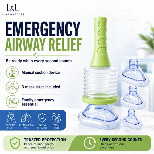 Luxe & Ledger Emergency Airway Relief manual suction device with three clear mask sizes, shown on a white background with promotional text and icons.