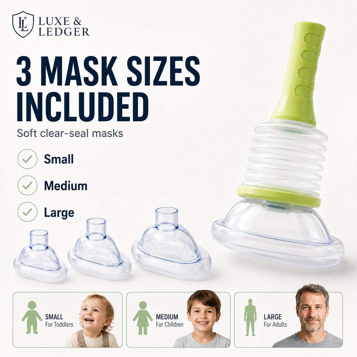 Luxe & Ledger 3-piece mask set with clear silicone masks in small, medium, and large sizes, featuring a green-handled adult mask shown prominently on a white background with text and size guides.