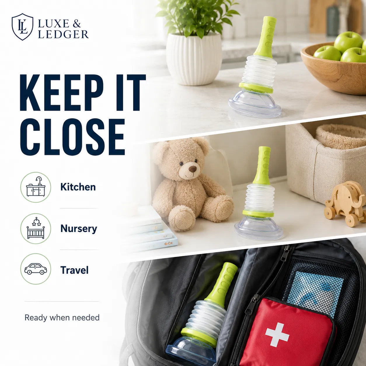 A promotional collage for a baby bottle nipple holder by Luxe & Ledger. The top panel shows the holder on a kitchen counter next to a potted plant and fruit bowl, with the text 'KEEP IT CLOSE'.