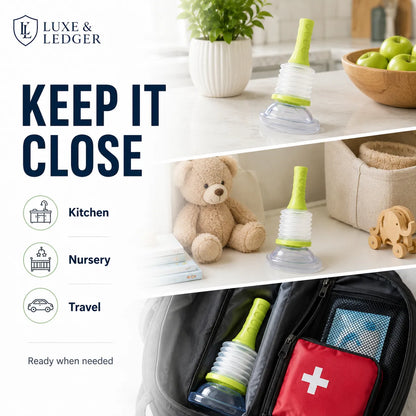 A promotional collage for a baby bottle nipple holder by Luxe & Ledger. The top panel shows the holder on a kitchen counter next to a potted plant and fruit bowl, with the text 'KEEP IT CLOSE'.