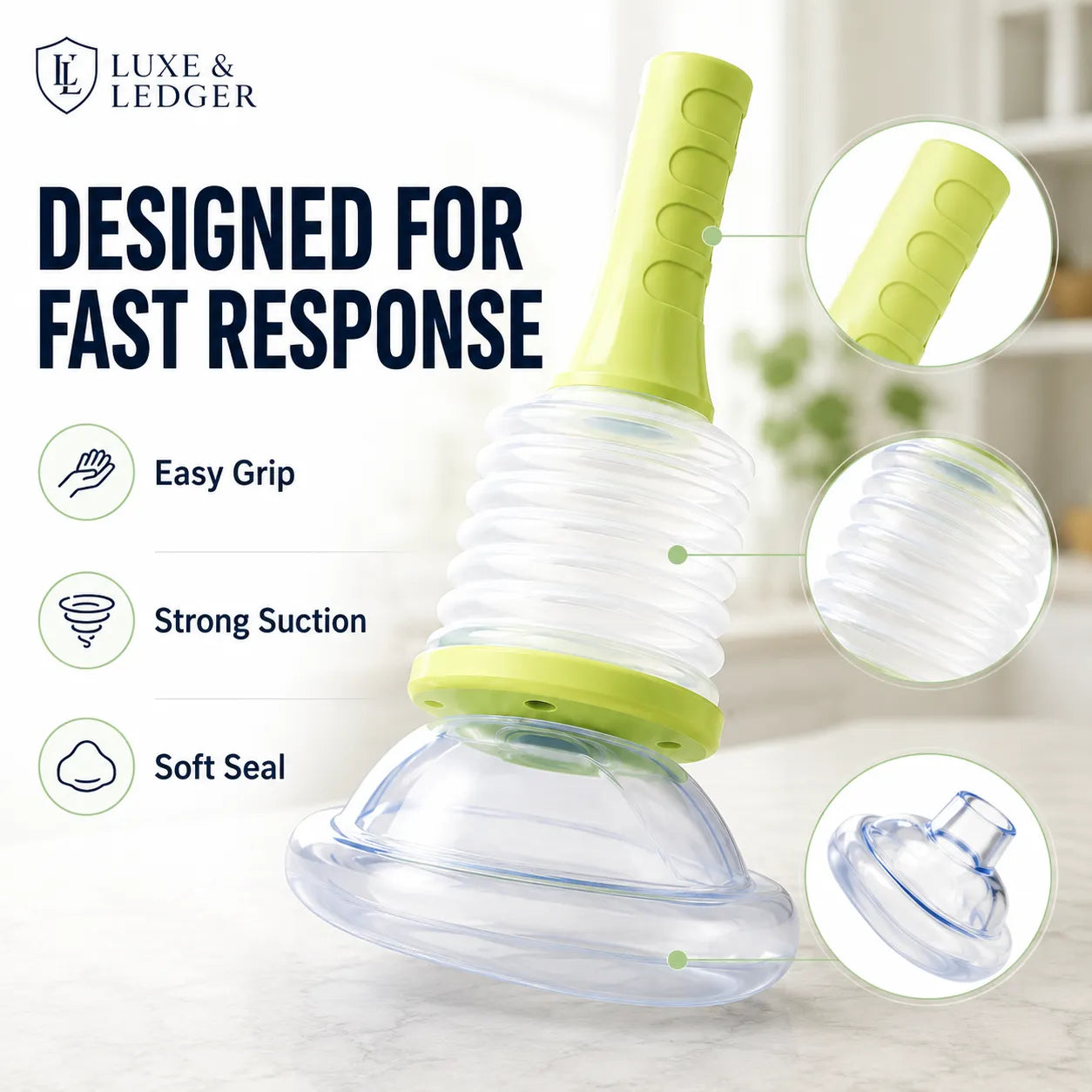 A clear plastic suction cup with a bright yellow-green handle and collar, shown on a light marble surface with marketing text and circular detail callouts. The brand name Luxe & Ledger appears in the top left.