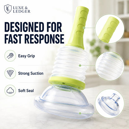 A clear plastic suction cup with a bright yellow-green handle and collar, shown on a light marble surface with marketing text and circular detail callouts. The brand name Luxe & Ledger appears in the top left.