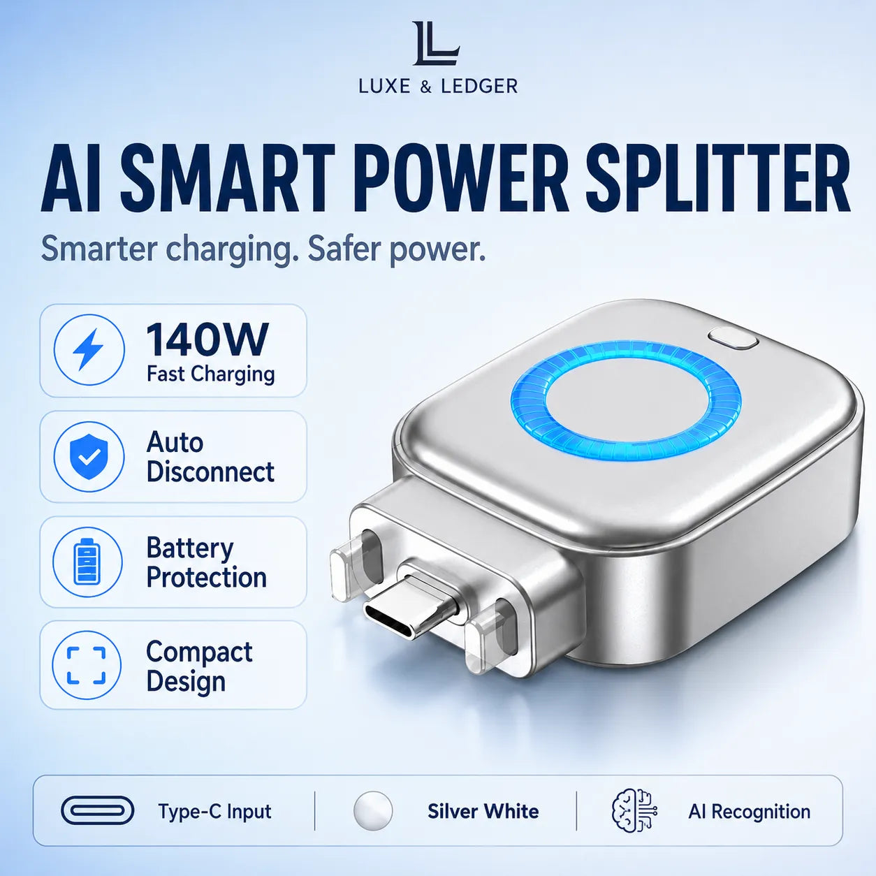 Luxe & Ledger AI Smart Power Splitter in silver white with a glowing blue ring, shown with product features on a light blue background.