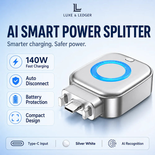 Luxe & Ledger AI Smart Power Splitter in silver white with a glowing blue ring, shown with product features on a light blue background.