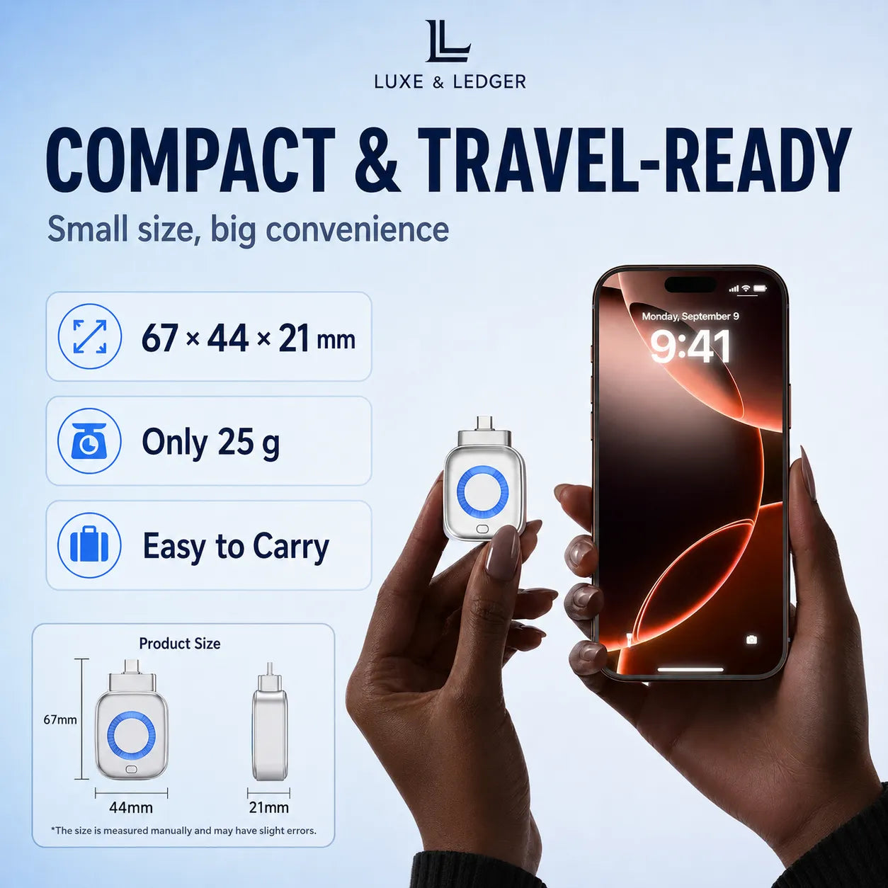 A hand holds a small white and blue square electronic device next to a smartphone showing the Luxe & Ledger brand logo and product features. The image includes text highlighting its compact size (67 x 44 x 21 mm), lightweight weight (25 g), and portability.
