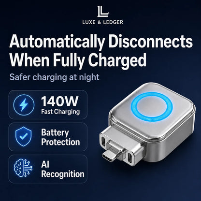 LUXE & LEDGER smart charger plug with a metallic silver finish and a glowing blue ring indicator, shown on a dark blue background with promotional text highlighting 140W fast charging, battery protection, and AI recognition.