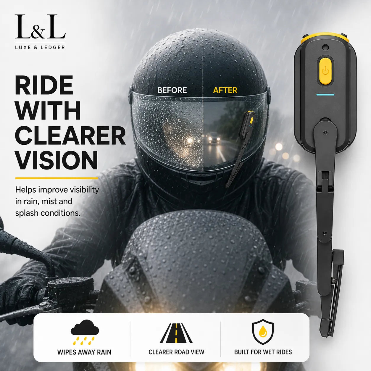 L&L Luxe & Ledger motorcycle helmet lens protector shown on a rider in the rain with a split before/after comparison and product close-up on the right.