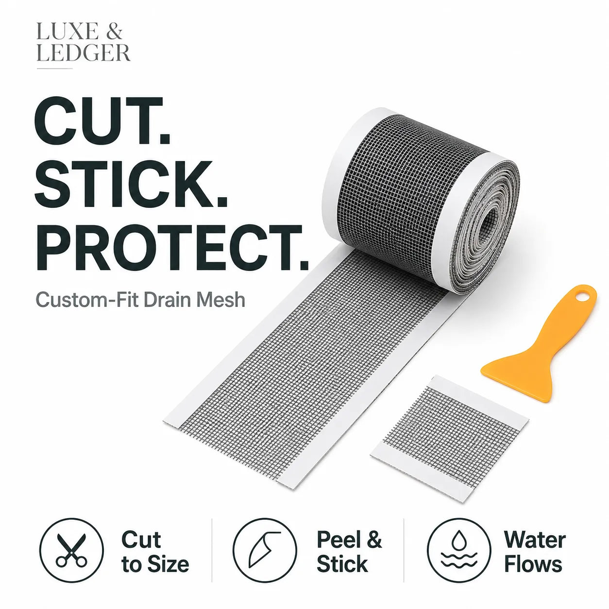 A roll of custom-fit drain mesh with a strip unrolled, a small square sample, and an orange peeling tool on a white background. Large text reads 'CUT.
