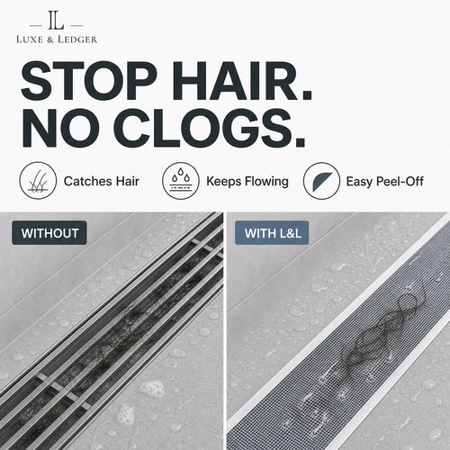 Promotional graphic for Luxe & Ledger drain hair catcher strips. The top text reads 'STOP HAIR.