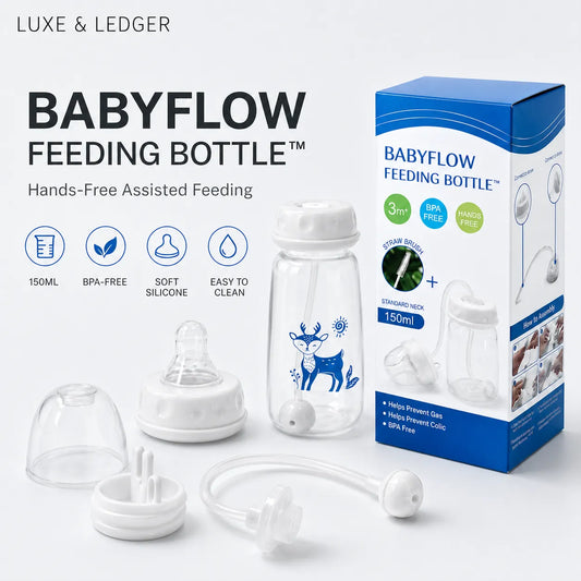 BabyFlow feeding bottle set with a clear 150ml bottle featuring a blue deer graphic, a white nipple, a clear cap, a feeding tube, and the retail box. The image includes 'LUXE & LEDGER' branding and feature icons on a clean white background.