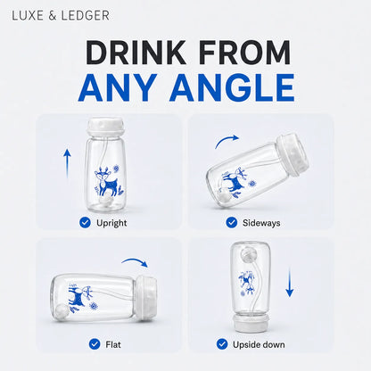 Promotional graphic for a clear baby bottle with a white cap and blue deer illustration, showing four angles under the text 'DRINK FROM ANY ANGLE': upright, sideways, flat, and upside down.