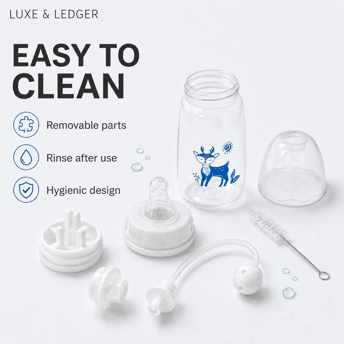 A clear baby bottle with a blue deer graphic, shown disassembled with its removable parts and a cleaning brush on a light gray background. Text on the left reads 'EASY TO CLEAN' with bullet points about removable parts, rinsing after use, and hygienic design.